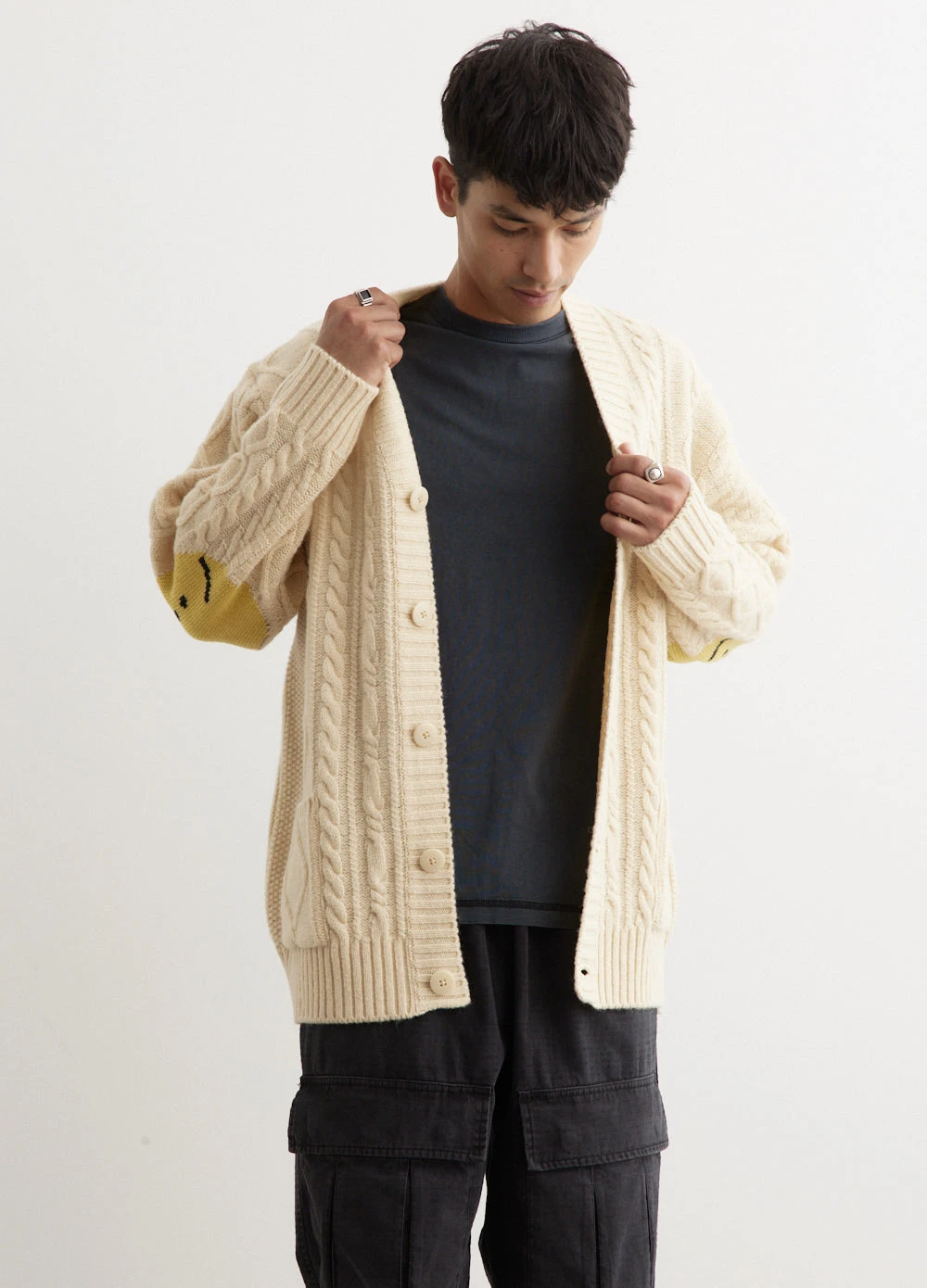 5G Wool Cable Knit SMILIE Patch Cardigan 1 5G Wool Cable Knit SMILIE Patch Cardigan